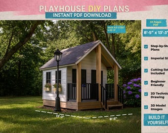 Modern Kids Playhouse DIY Plans | Backyard Wooden Vintage Playhouse PDF with Step-by-Step Instructions