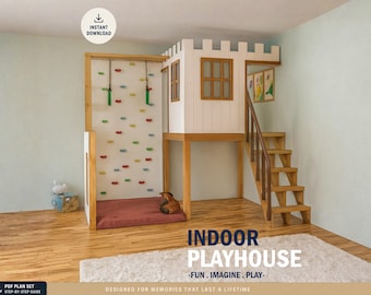 Indoor Wooden Castle Playhouse Plan: DIY Loft with Climbing Wall (PDF Instructions)