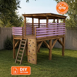 May include: A wooden elevated playhouse featuring a roof, a ladder, and a climbing wall with colorful handholds. The structure has purple horizontal railings around the platform. An orange circular badge reads EASY TO BUILD and a rectangular label says DIY PDF PLANS.