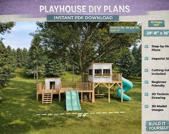 Large Playhouse DIY Plans with Slide & Deck – Backyard Wooden Kids Treehouse (PDF)