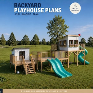 Planos para casita de juegos infantil, casita de tres pisos con toboganes, instrucciones paso a paso para armarla usted mismo con archivos digitales descargables.