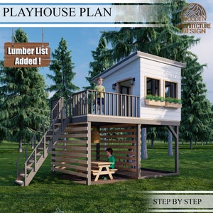 Playhouse Plans for Kids,  Wooden Garden house with pergola, Step by Step plan, Do it Yourself with the  Digital Downloading Files