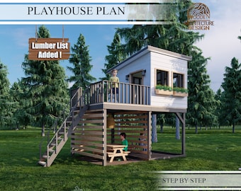 Playhouse Plans for Kids,  Wooden Garden house with pergola, Step by Step plan, Do it Yourself with the  Digital Downloading Files