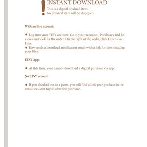 May include: A digital download instruction sheet from Wooden Architecture Design. The text explains how to access files via an Etsy account, the Etsy app, or guest checkout. It includes social media handles and an email address at the bottom.