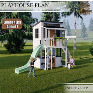 Playhouse Build Plans for Kids, 2-storey Playhouse with climbing wall, slide and swing , Do It Yourself with Digital downloads