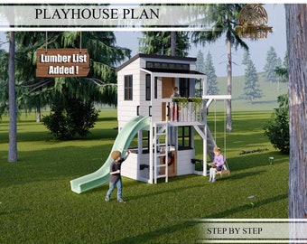 Playhouse Build Plans for Kids, casa de juegos de 2 plantas con muro de escalada, tobogán y columpio, hágalo usted mismo con descargas digitales