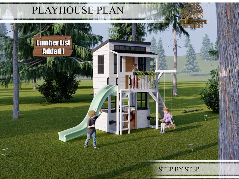 Playhouse Build Plans for Kids, 2-storey Playhouse with climbing wall, slide and swing , Do It Yourself with Digital downloads image 1