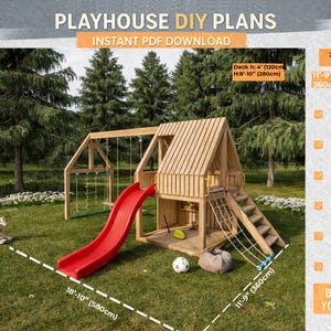 Projeto de casinha de madeira faça você mesmo com escorregador e balanços | PDF passo a passo | Download digital