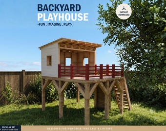 Planos de casitas de juegos para niños, plano de una gran casa en el árbol de madera, hágalo usted mismo con descargas digitales.