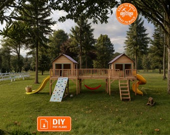 Two tower Playhouse Plans with bridge | Wooden Kids Fort PDF | Slides & Climbing Wall