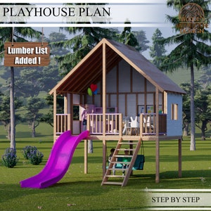 Playhouse Build Plans for Kids, A Frame Treehouse with Large deck, With slide and swing Do It Yourself with Digital downloads
