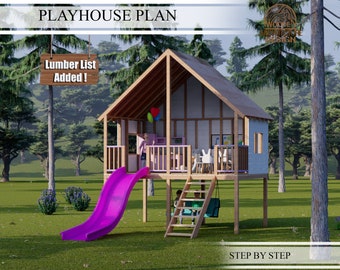 Playhouse Build Plans for Kids, A Frame Treehouse with Large deck, With slide and swing Do It Yourself with Digital downloads