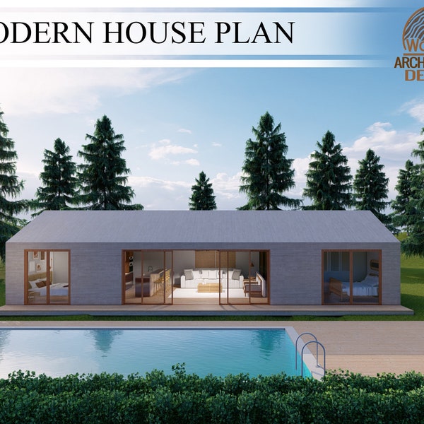 Modern House Plan, 3 Bedroom 2 Bathroom, 1330 sq.ft (26' x  56') / 124 sq.mt (8m x 17m), Scandinavian house with pool