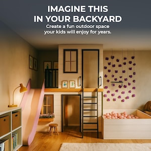 May include: An indoor play structure featuring a light pink slide, a central loft with a ladder, and a white ball pit filled with light pink balls. A wall-mounted climbing section with purple holds is present, alongside a brown teddy bear.