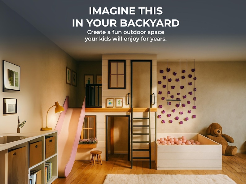 May include: An indoor play structure featuring a light pink slide, a central loft with a ladder, and a white ball pit filled with light pink balls. A wall-mounted climbing section with purple holds is present, alongside a brown teddy bear.