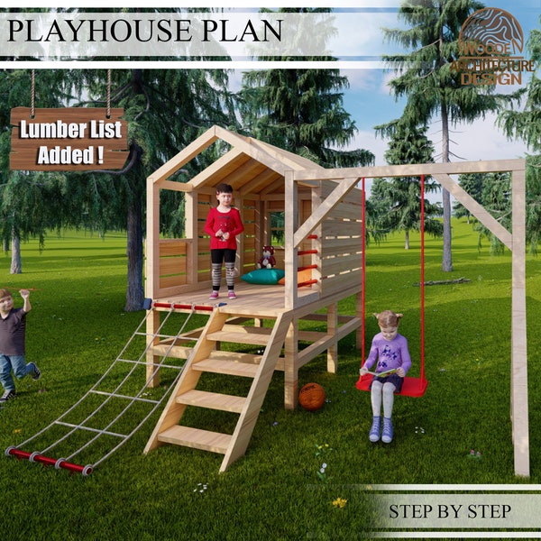 Playhouse Plans for Kids, Large Wooden gardenhouse Plan with swing set, do it yourself with the  Digital downloading files