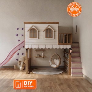 Indoor Wooden Playhouse Plan: DIY Loft with Slide | Reading corner (PDF Instructions)