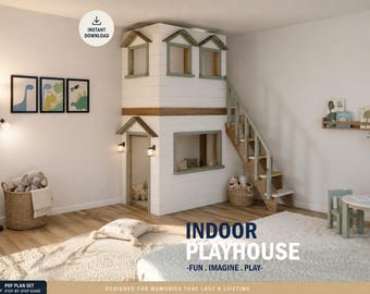 Indoor Wooden Playhouse Plan: DIY Loft with stairs (PDF Instructions)