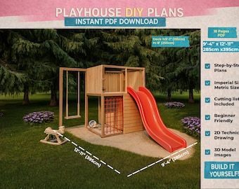 Modern Kids Playhouse DIY Plans with Slide and Swing | Outdoor Wooden Playset Blueprint