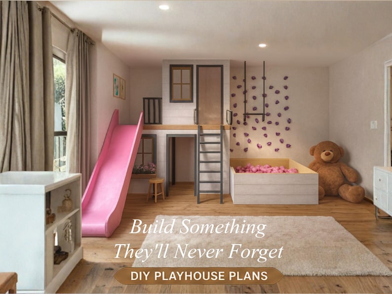 Indoor Wooden Playhouse Plan with Slide | Climbing Wall & Swing | DIY Loft Design for Kids | Step-by-Step PDF Building Instructions image 7
