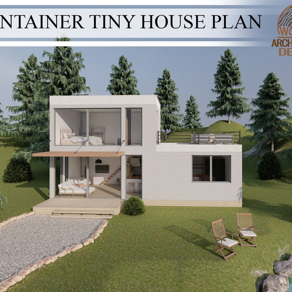 Tiny House-plattegrond met container, 2 slaapkamers en 1 badkamer Tiny house-plattegrond, 698 vierkante meter (13'-1'' x 36'), 64,8 vierkante meter (4m x 11m)