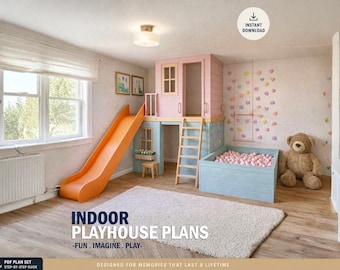 Indoor Wooden Playhouse Plan with Slide | Climbing Wall & Swing | DIY Loft Design for Kids | Step-by-Step PDF Building Instructions