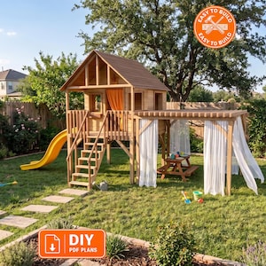 Wooden Playhouse DIY Plans with Slide & Pergola | Elevated Backyard Kids Playhouse PDF