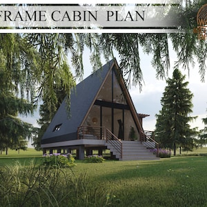 A Frame Cabin House Plan, Forest Cabin House, Premium Plan, 2 Bedroom 2 Bathroom, 926.63 sq.ft (35'-6"x 29'-6"), Digital Downloading Files