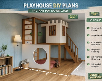Plano de casita de juegos de madera con forma de castillo para interiores: altillo con rocódromo (instrucciones en PDF)
