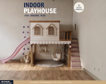 Indoor Wooden Playhouse Plan: DIY Loft with Slide | Reading corner (PDF Instructions)