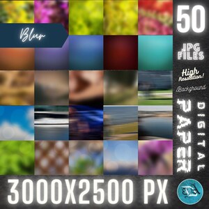 May include: A digital paper set with 50 JPG files, offering high-resolution backgrounds. The image showcases a range of blurred backgrounds in various colours and textures. The image includes the word "Blur" and the dimensions 3000x2500 px.