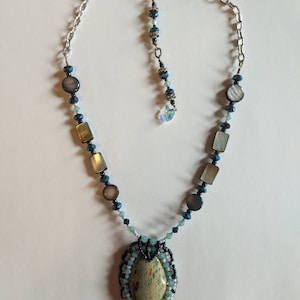 OOAK Blue glass beads and stone hand crafted necklace, statement necklace, special occasion gift for her, Valentine&#39;s gift for her