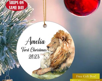 Personalized First Christmas Ornament-Custom Christmas Ornament-Lion and Lamb Original Artwork Lamb of God Peacable Kingdom -Double sided