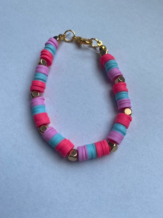 Custom Heishi Beaded Bracelet with Red, Pink, Orange, Yellow and White Clay Beads