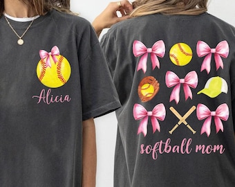 Comfort Colors® Custom Softball Mom Shirt, Coquette Softball Tee, Custom Softball Mama Tee, Mothers Day Gift, Game Day Shirt, Cheer Mom Tee