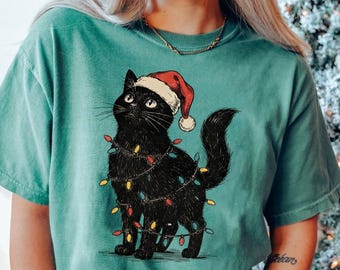Comfort Colors® Cute Cat Christmas Shirt, Cat Mom Christmas Gift, Women's Holiday Shirt, Funny Christmas Cat Shirt, Cat Lover Christmas Gif