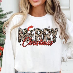 Leopard Merry Christmas Sweatshirt, Christmas Shirts, Cute Winter Sweater, Christmas Shirt For Women, Christmas Sweatshirt, Holiday Sweater