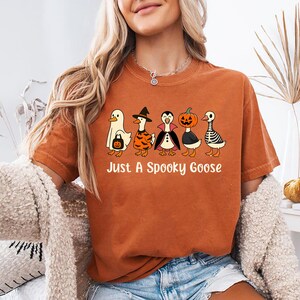 May include: A burnt orange t-shirt featuring a Halloween-themed graphic. The graphic includes five cartoon geese dressed in costumes: a ghost, a witch, a vampire, a jack-o'-lantern, and a skeleton. The text "Just A Spooky Goose" is below the geese.