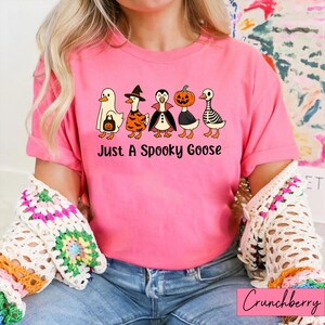 May include: Pink t-shirt with the text "Just A Spooky Goose". The graphic features five cartoon geese dressed in Halloween costumes: a ghost, witch, vampire, pumpkin, and skeleton. The shirt is made of a soft material.