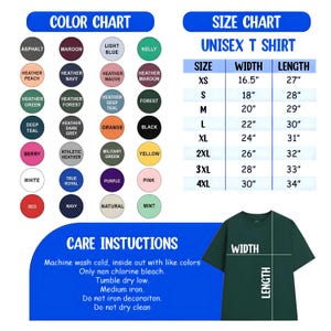 K&ouml;nnte beinhalten: Ein dunkelgr&uuml;nes Unisex-T-Shirt mit einer Gr&ouml;&szlig;entabelle und einer Farbtabelle. Die Farbtabelle zeigt verschiedene Farben, darunter Asphalt, Maroon und Light Blue. Die Gr&ouml;&szlig;entabelle zeigt die Ma&szlig;e in Zoll f&uuml;r die Gr&ouml;&szlig;en XS bis 4XL.
