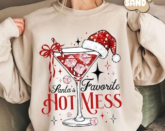 Santa's Hot Mess Sweater, Christmas Martini Hoodie, Faux Glitter Christmas Drink Sweater,Christmas Party Sweatshirt, Drink Sweater For Women