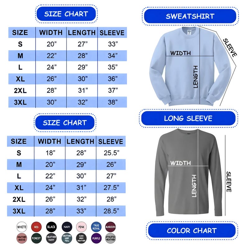 Puede incluir: Tabla de tallas detallada para sudaderas y camisetas de manga larga, con medidas en pulgadas para ancho, largo y largo de manga. Incluye una tabla de colores con varias opciones.