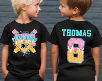 Boys Girls Custom Drip Baseball Back To School Shirt, Personalized Kid Name Tee, Kindergarten First Grade Toddler, 1st Day of School Outfit