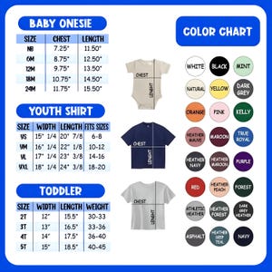 Op de afbeelding: Een maattabel voor babyrompers, jeugdshirts en peutershirts. De tabel bevat afmetingen voor borst, lengte en gewicht in inches en ponden. Een kleurenkaart met diverse kleuropties is ook inbegrepen.
