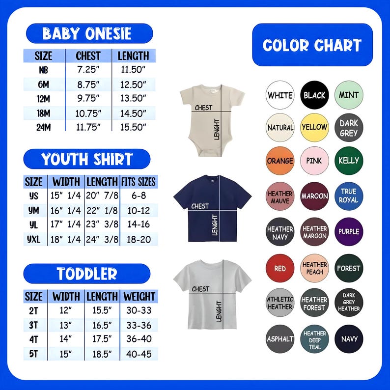 Op de afbeelding: Een maattabel voor babyrompers, jeugdshirts en peutershirts. De tabel bevat afmetingen voor borst, lengte en gewicht in inches en ponden. Een kleurenkaart met diverse kleuropties is ook inbegrepen.