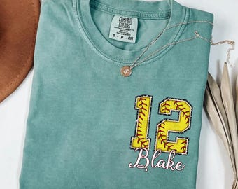 Custom Softball Pocket Shirt, Softball Comfort Colors, Personalized Softball Number Shirt, Softball Gift, Softball Fan Tee, Sports Mom tee