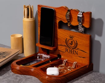 Personalised Wooden Luxury Docking Station / Wooden Gift For Men / Valet Tray / Organizer For Him / Gift For Husband / Gift for boss