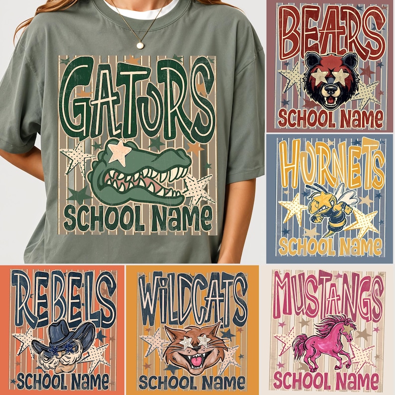 May include: A sage green t-shirt featuring a graphic of a green alligator and the text GATORS SCHOOL NAME. Additional designs include a bear, hornet, cowboy, wildcat, and horse with text like BEARS, HORNETS, REBELS, WILDCATS, and MUSTANGS.
