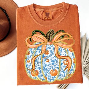 Comfort Colors® Faux Glitter Pumpkin Shirt, Pumpkins Shirt, Preppy Pumpkin Shirt, Blue Bow Pumpkin Shirt,Fall Graphic Tee,Thanksgiving Gift
