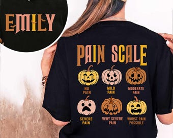 Camiseta de enfermera de Halloween con colores cómodos, camiseta de enfermera con calabaza otoñal y escala de dolor, camiseta de enfermera registrada, enfermera pediátrica, enfermera de UCIN, camiseta de enfermera titulada